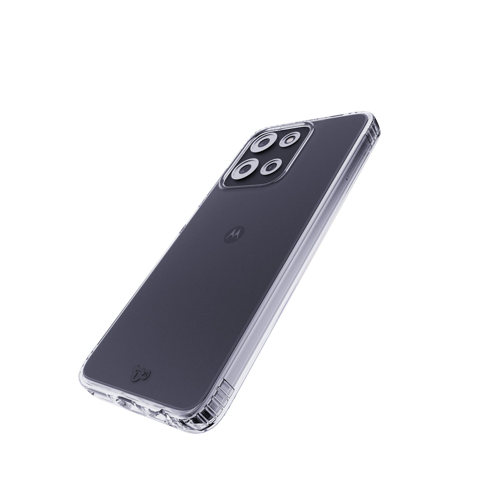 Tilted three-quarter tilted view of back of phone case with phone inside#color_clear