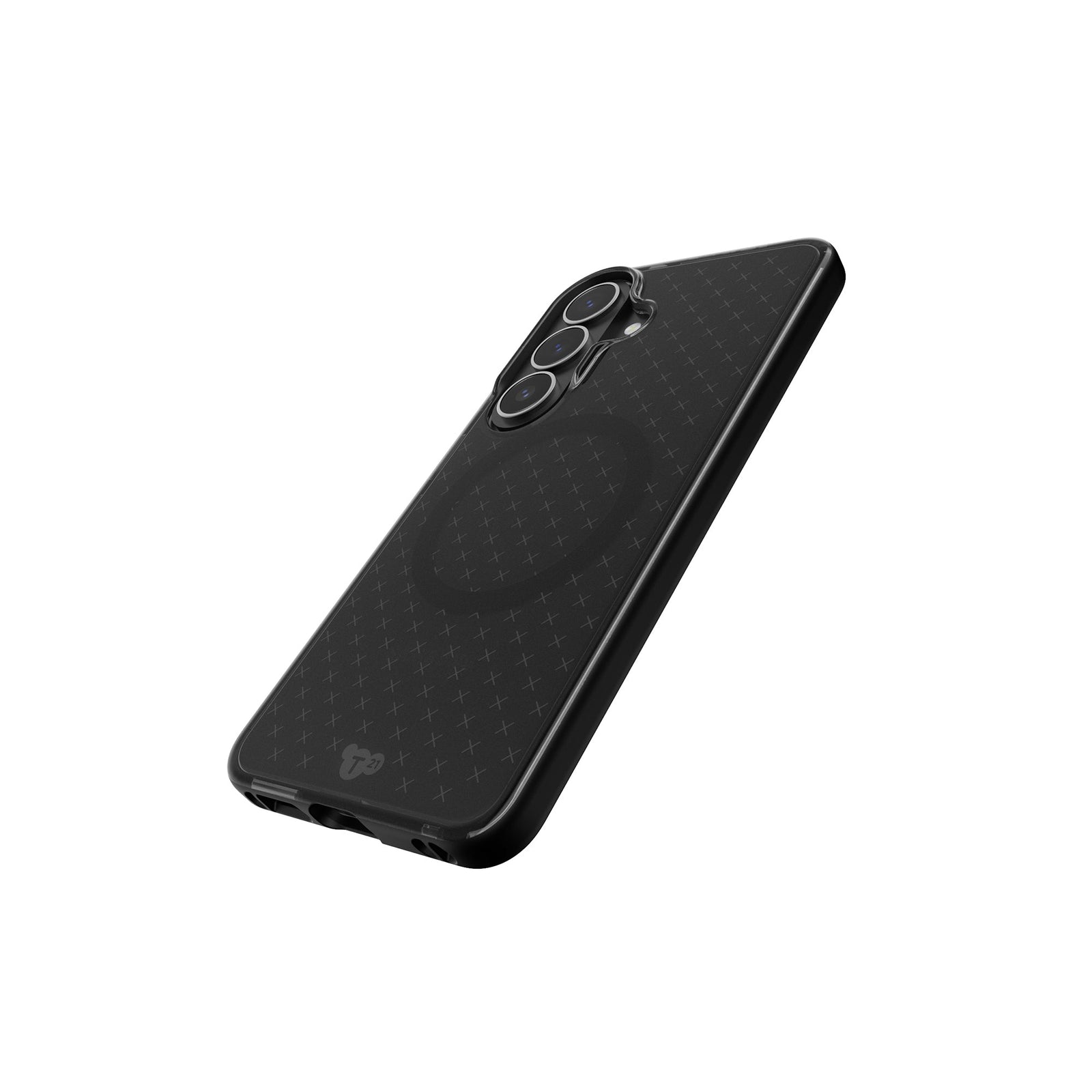Tilted three-quarter tilted view of back of phone case with phone inside#color_smokey-black