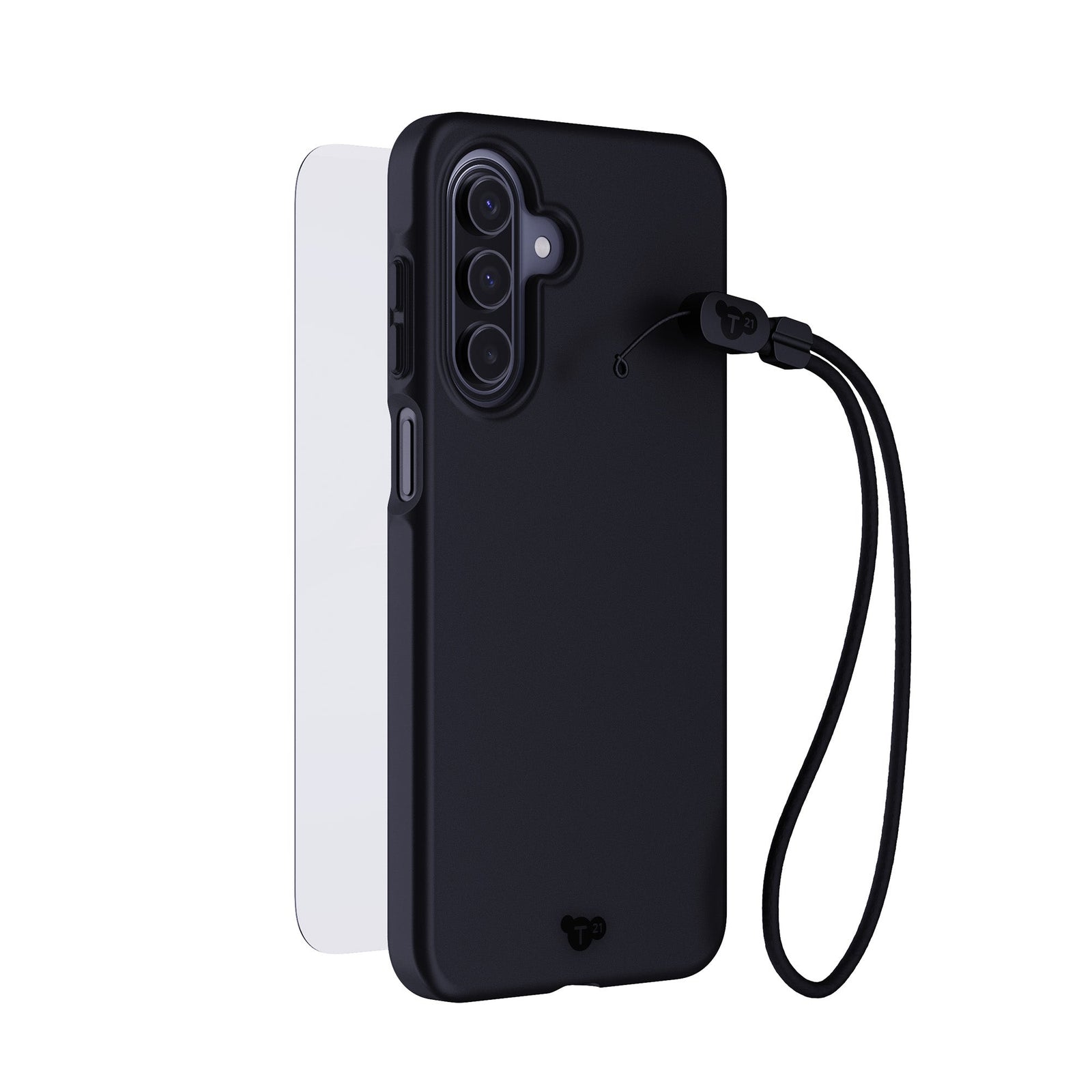 Three-quarter view of back of phone case with phone inside, screen protector hovering above screen in background, and black wrist lanyard hovering in front#color_black