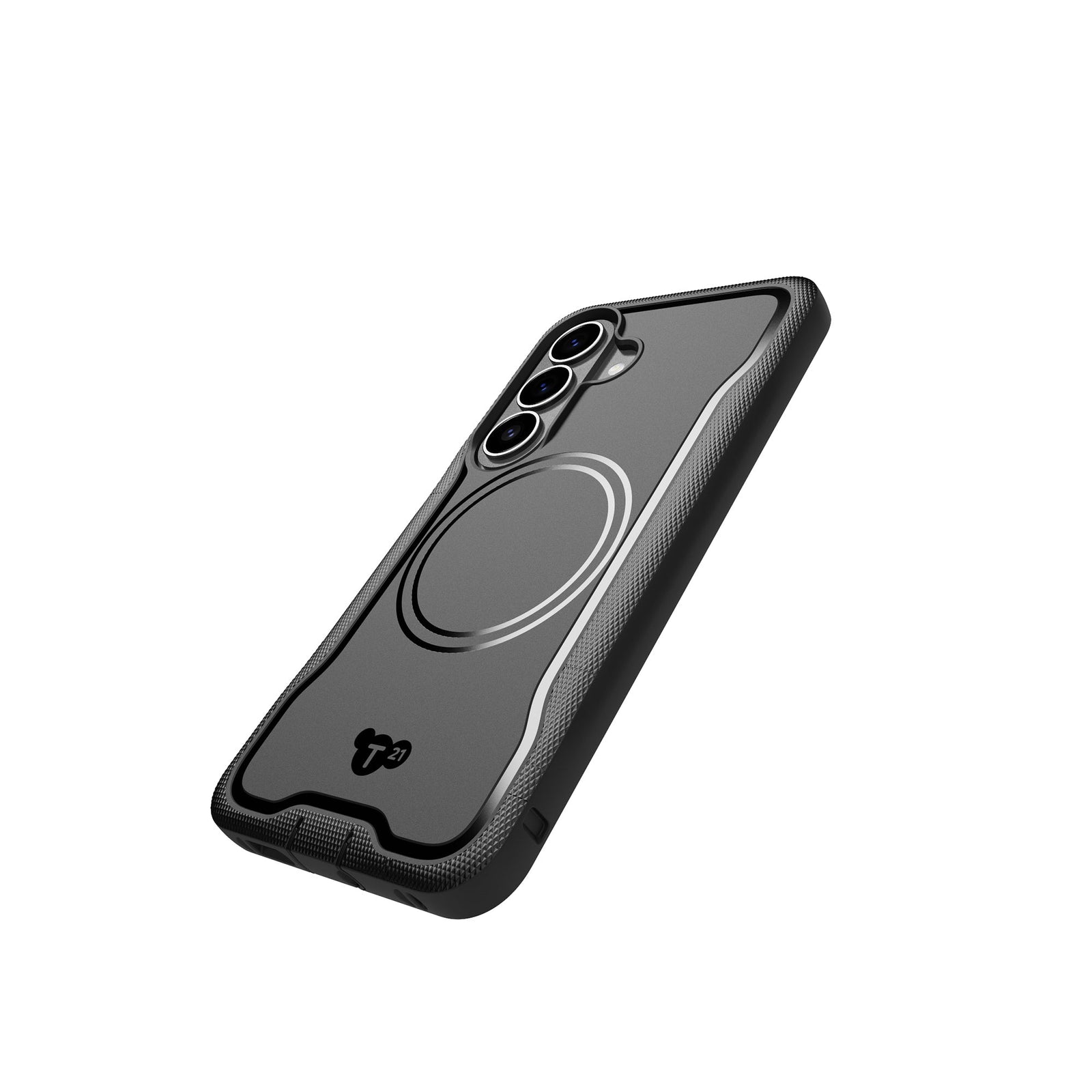 Tilted three-quarter tilted view of back of phone case with phone inside#color_black