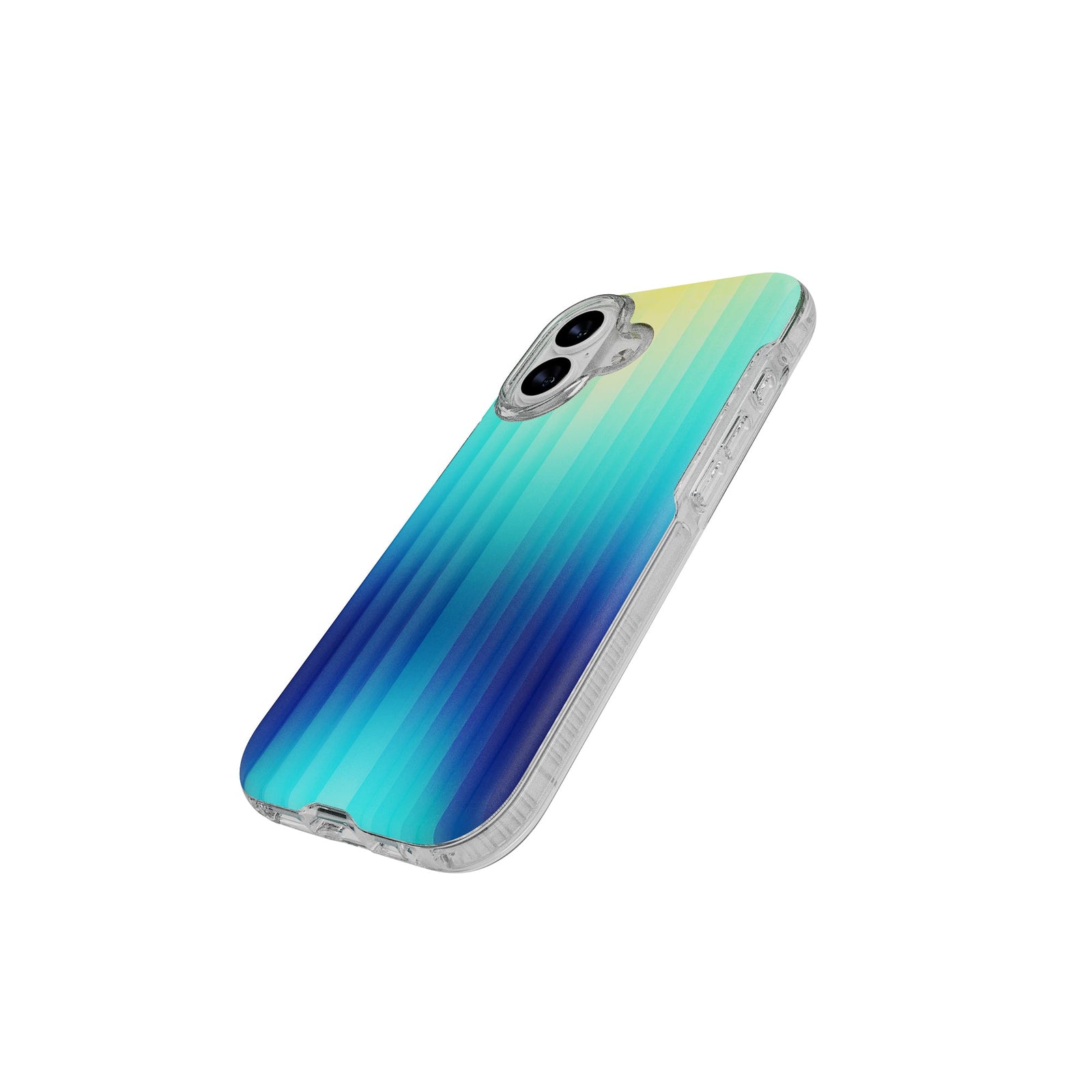 Tilted three-quarter tilted view of back of phone case with phone inside#color_ombre-blue-green