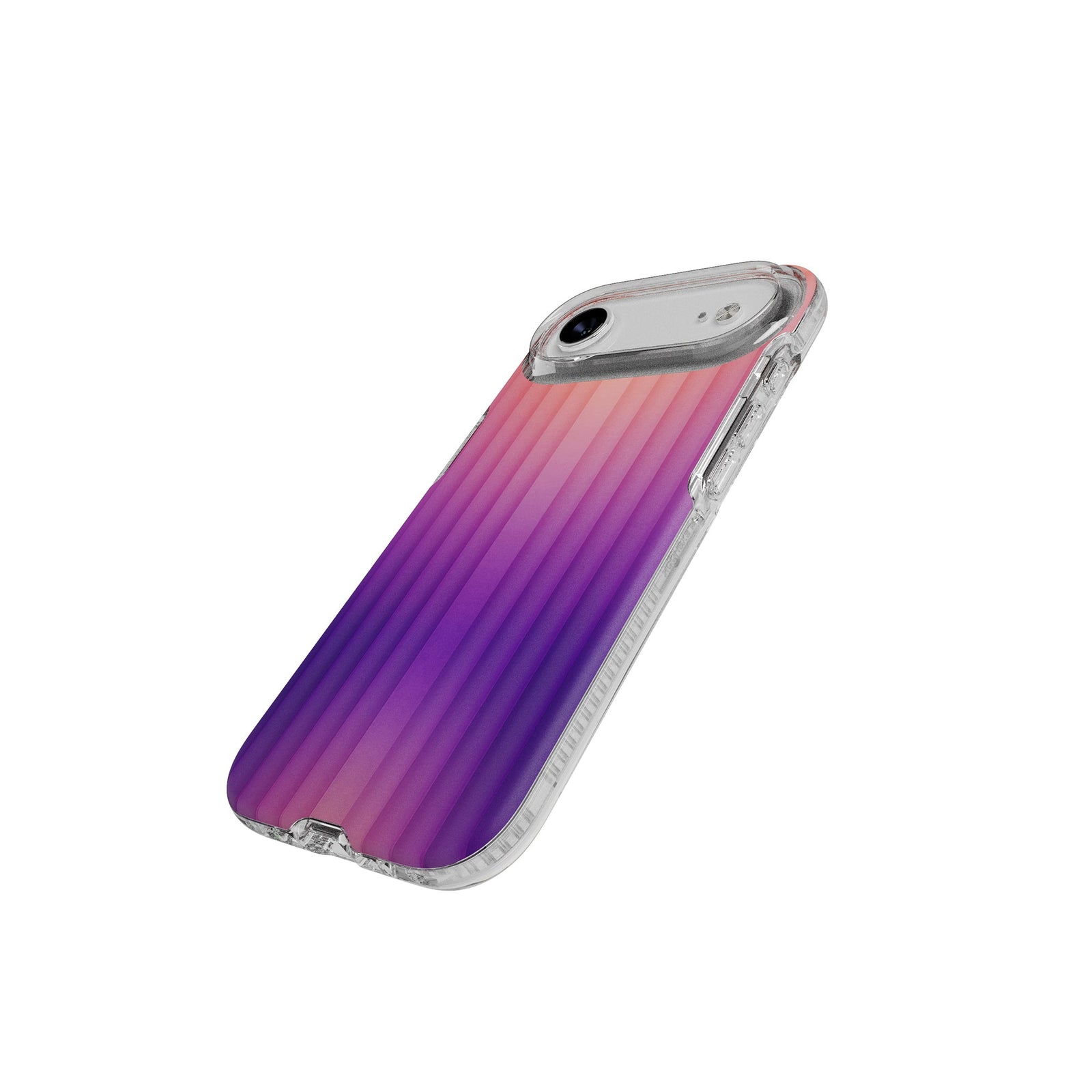 Tilted three-quarter tilted view of back of phone case with phone inside#color_ombre-purple-pink