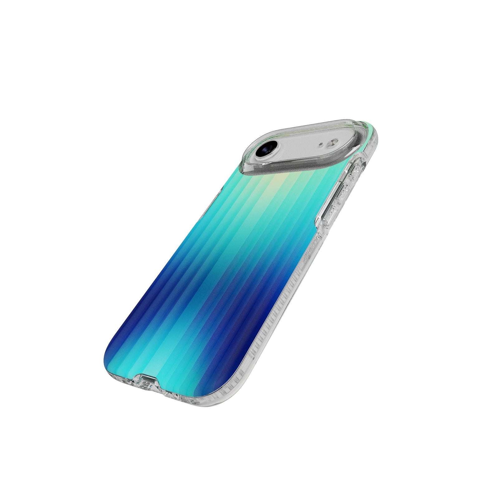 Tilted three-quarter tilted view of back of phone case with phone inside#color_ombre-blue-green