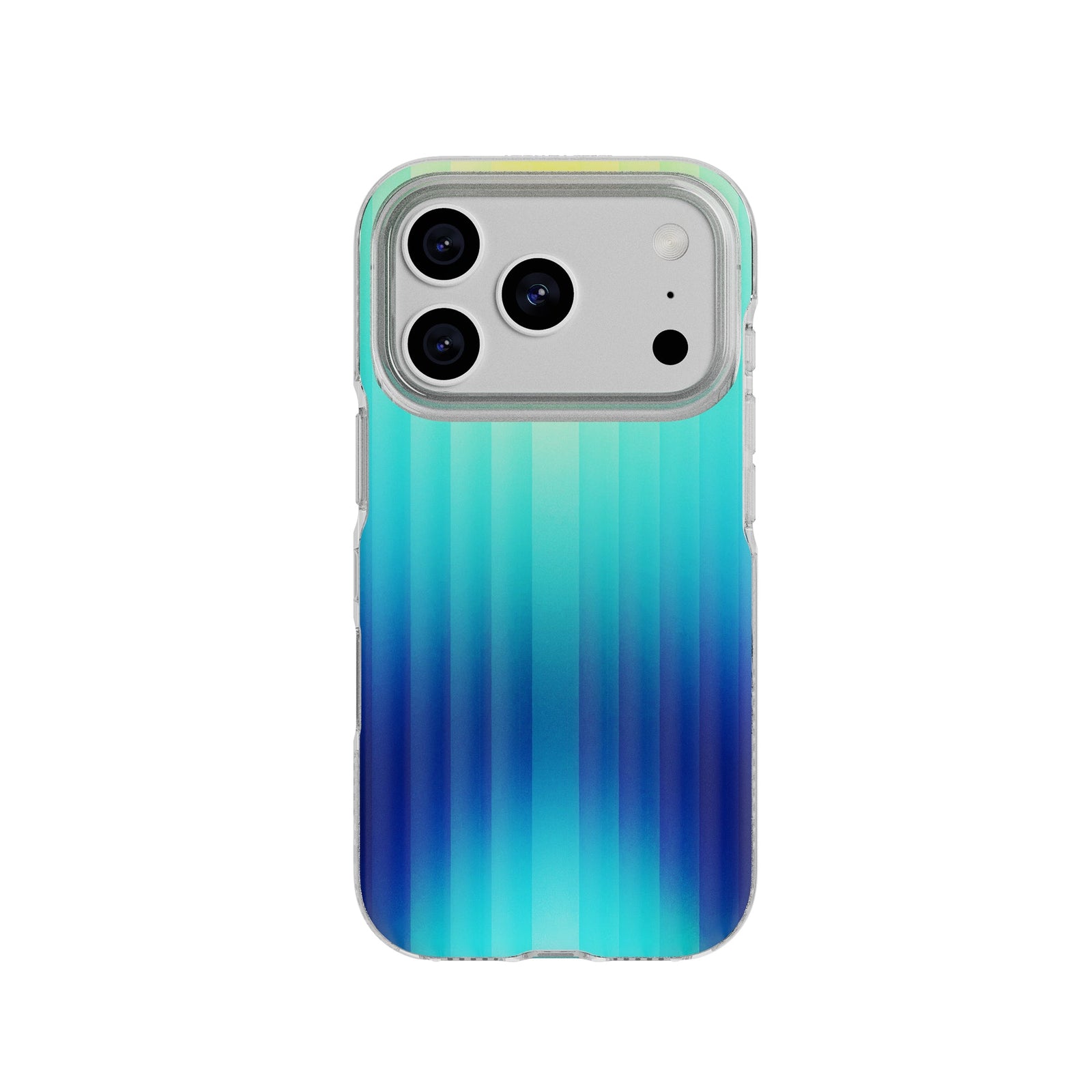 View of the back of the phone case from straight on with phone inside#color_ombre-blue-green