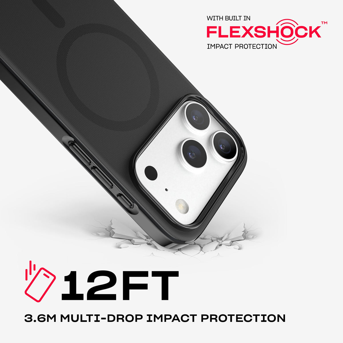 A corner of the case impacts the ground. Text reads 12-foot (3.6 meter) Multi-Drop Impact Protection with built in FlexShock impact protection#color_black