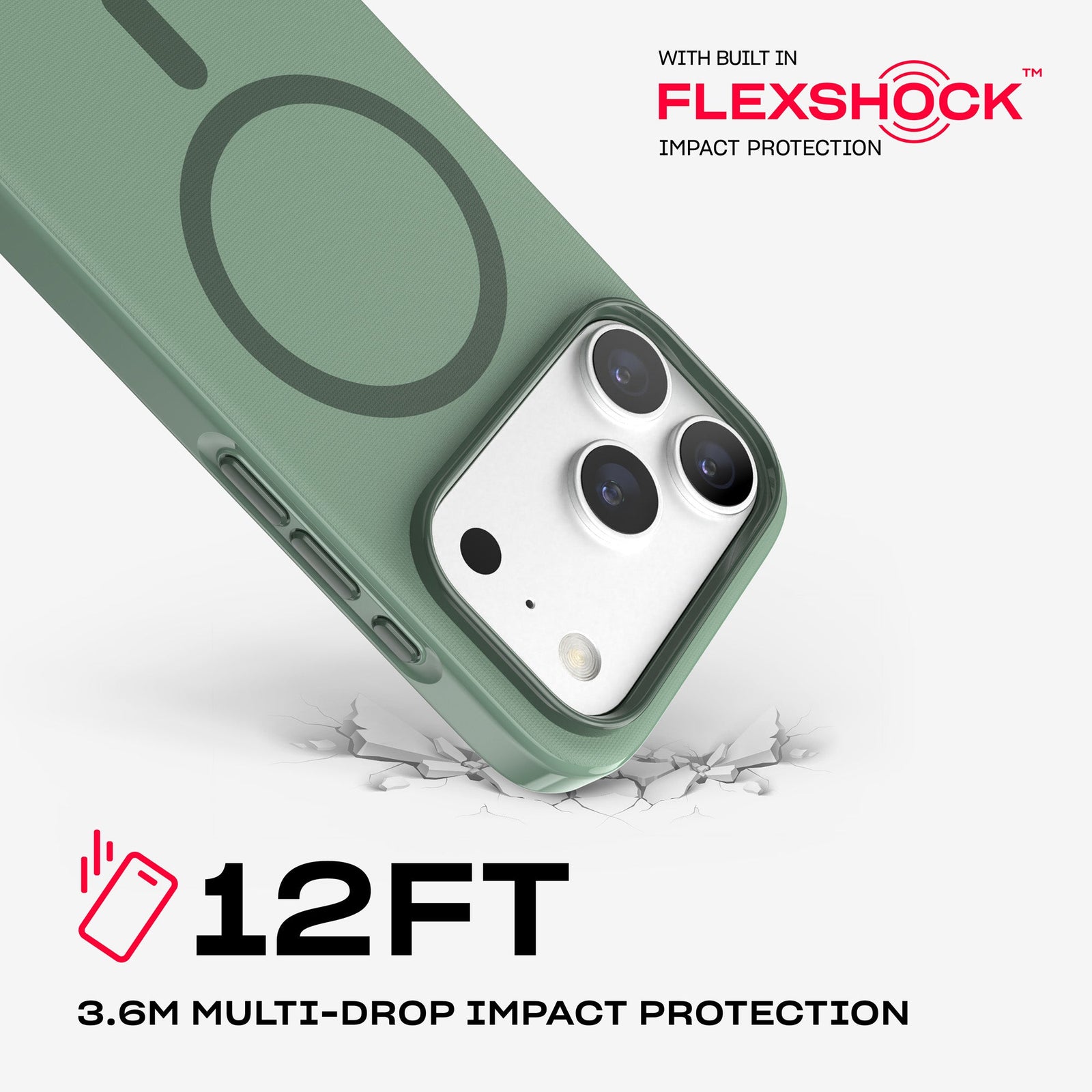 A corner of the case impacts the ground. Text reads 12-foot (3.6 meter) Multi-Drop Impact Protection with built in FlexShock impact protection#color_hunter