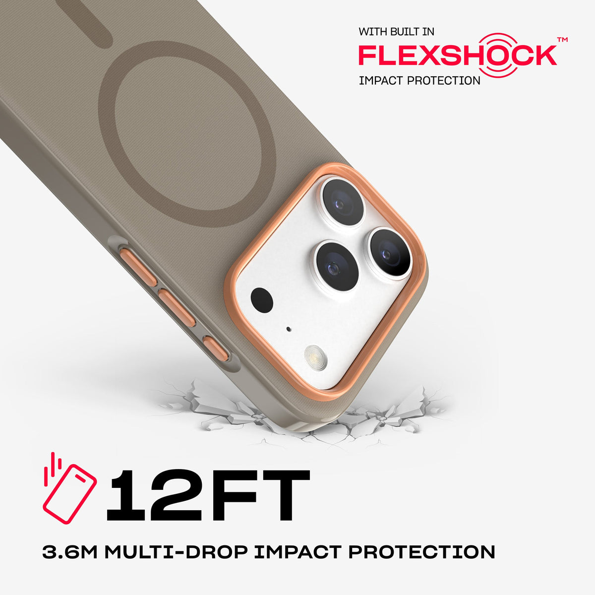 A corner of the case impacts the ground. Text reads 12-foot (3.6 meter) Multi-Drop Impact Protection with built in FlexShock impact protection#color_espresso
