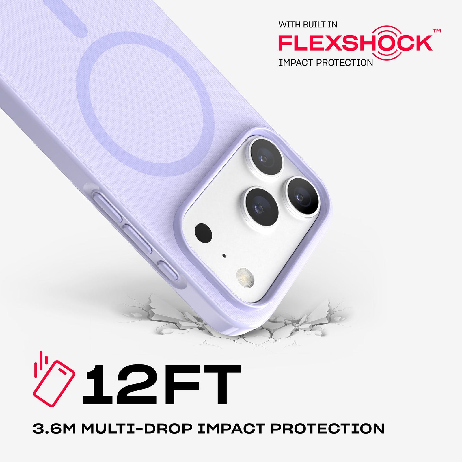 A corner of the case impacts the ground. Text reads 12-foot (3.6 meter) Multi-Drop Impact Protection with built in FlexShock impact protection#color_lilac