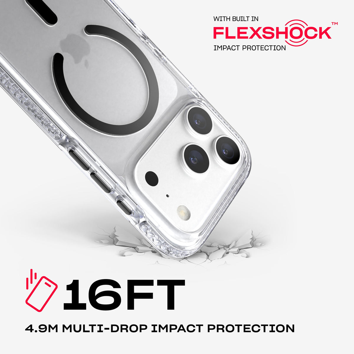 A corner of the case impacts the ground. Text reads 16-foot (4.9 meter) Multi-Drop Impact Protection with built in FlexShock impact protection#color_clear-black