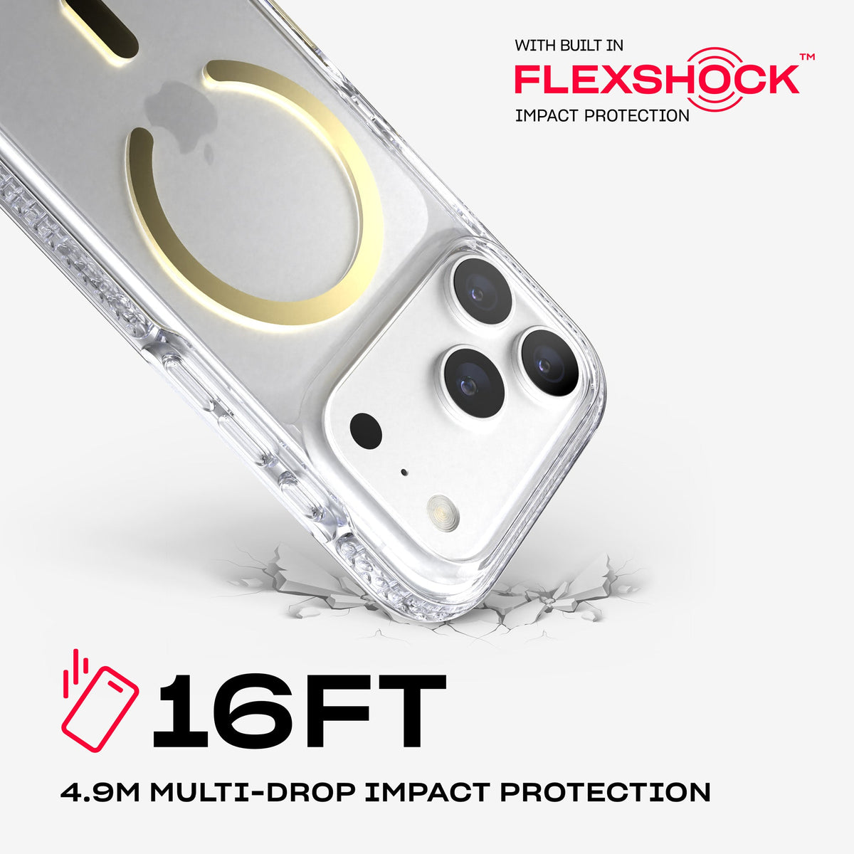 A corner of the case impacts the ground. Text reads 16-foot (4.9 meter) Multi-Drop Impact Protection with built in FlexShock impact protection#color_clear-gold