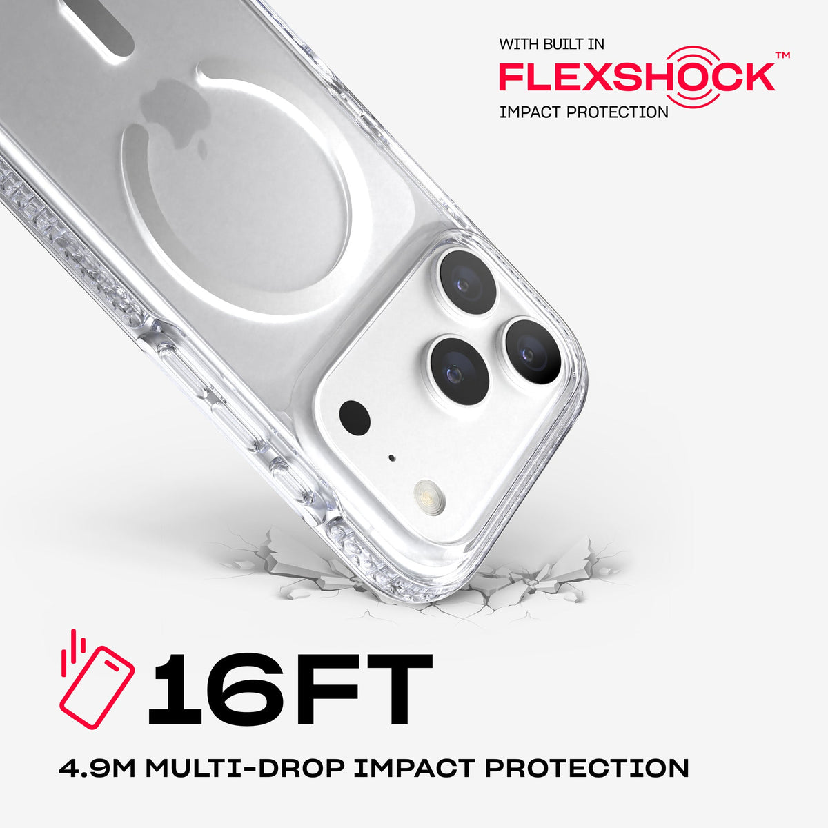 A corner of the case impacts the ground. Text reads 16-foot (4.9 meter) Multi-Drop Impact Protection with built in FlexShock impact protection#color_clear-silver