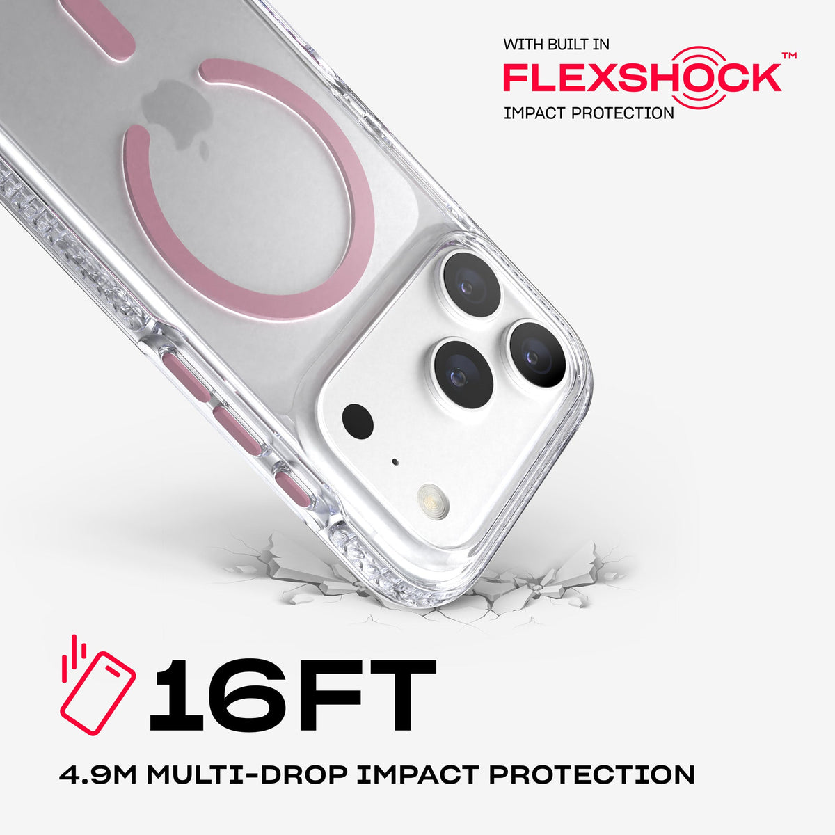 A corner of the case impacts the ground. Text reads 16-foot (4.9 meter) Multi-Drop Impact Protection with built in FlexShock impact protection#color_clear-quartz-pink