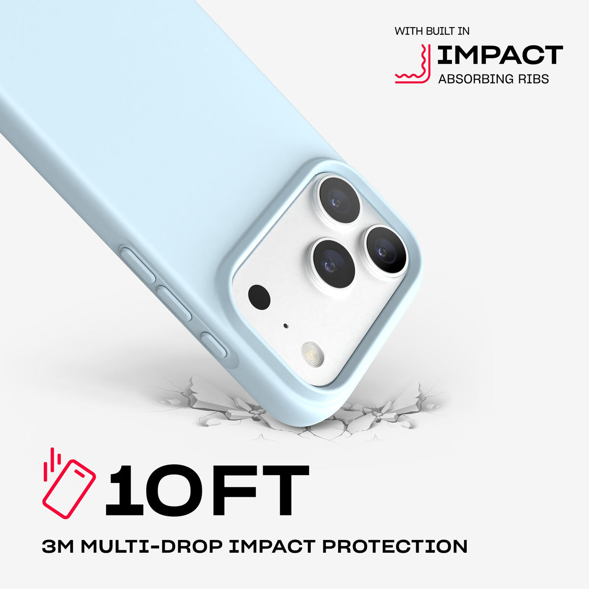 A corner of the case impacts the ground. Text reads 10-foot (3 meter) Multi-Drop Impact Protection with built in impact absorbing ribs#color_cornflower-blue