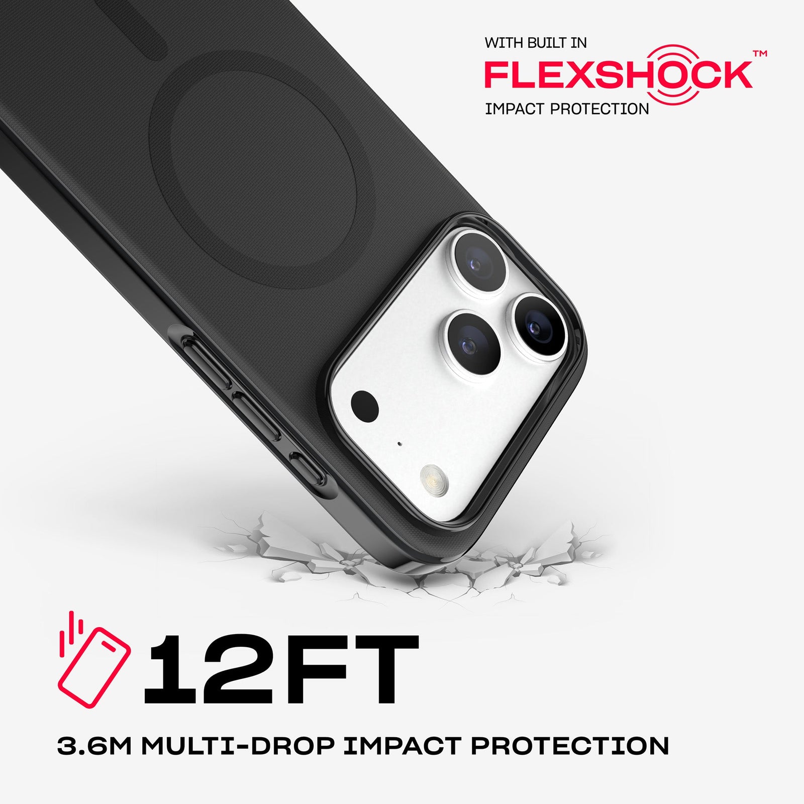A corner of the case impacts the ground. Text reads 12-foot (3.6 meter) Multi-Drop Impact Protection with built in FlexShock impact protection#color_black