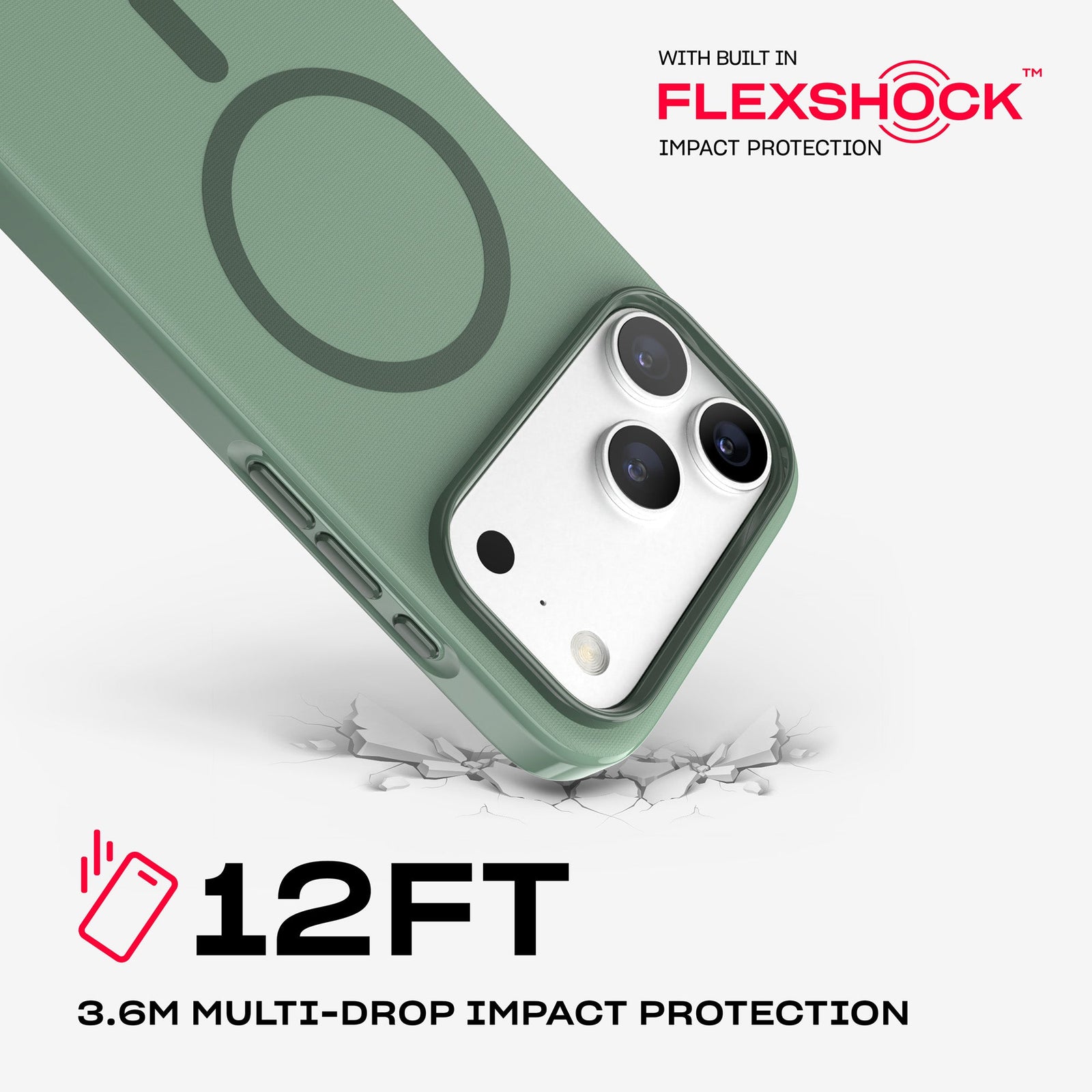 A corner of the case impacts the ground. Text reads 12-foot (3.6 meter) Multi-Drop Impact Protection with built in FlexShock impact protection#color_hunter