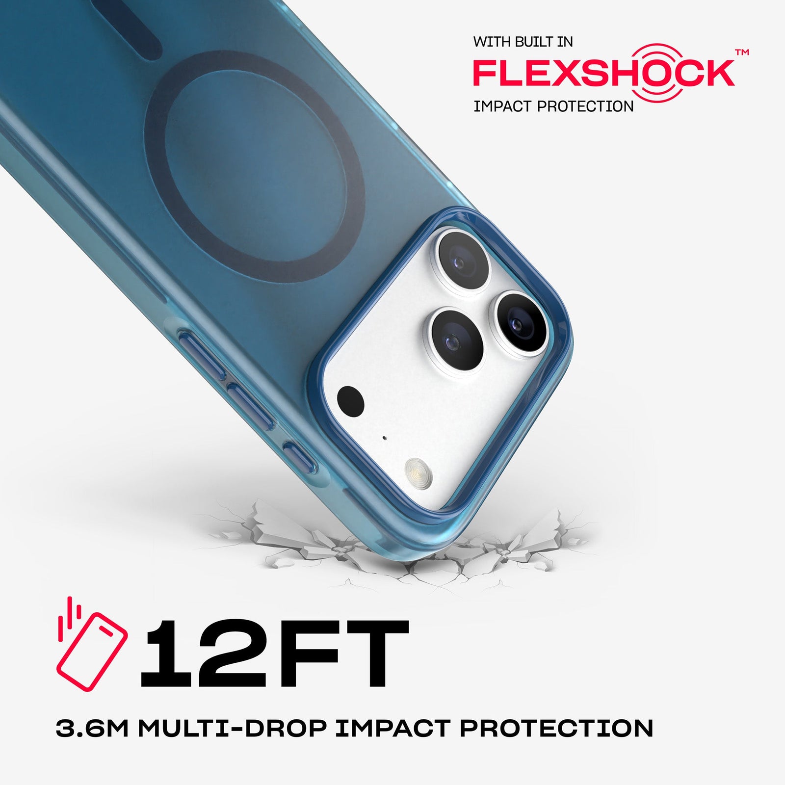 A corner of the case impacts the ground. Text reads 12-foot (3.6 meter) Multi-Drop Impact Protection with built in FlexShock impact protection#color_deep-sea