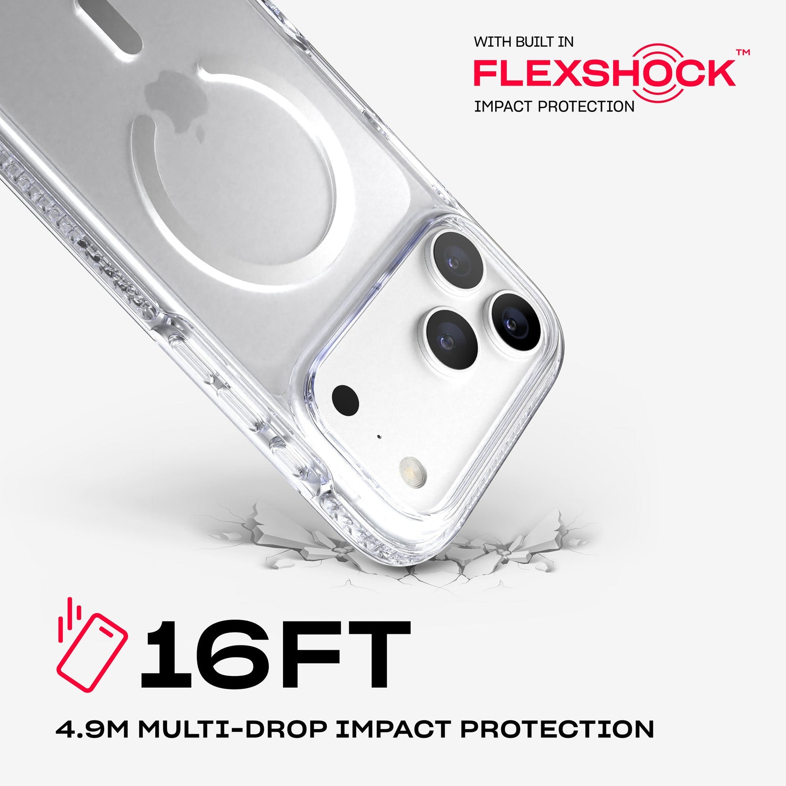 A corner of the case impacts the ground. Text reads 16-foot (4.9 meter) Multi-Drop Impact Protection with built in FlexShock impact protection#color_clear-silver