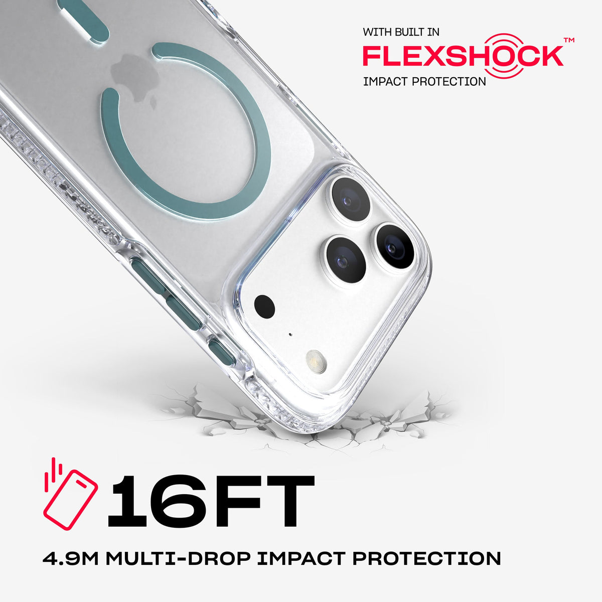 A corner of the case impacts the ground. Text reads 16-foot (4.9 meter) Multi-Drop Impact Protection with built in FlexShock impact protection#color_clear-emerald-dust