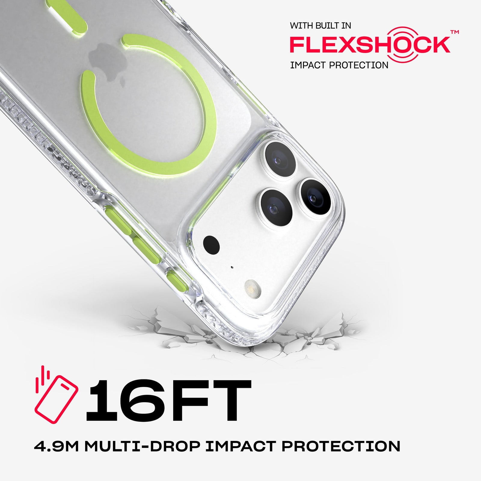 A corner of the case impacts the ground. Text reads 16-foot (4.9 meter) Multi-Drop Impact Protection with built in FlexShock impact protection#color_clear-neon-(glow-in-the-dark)