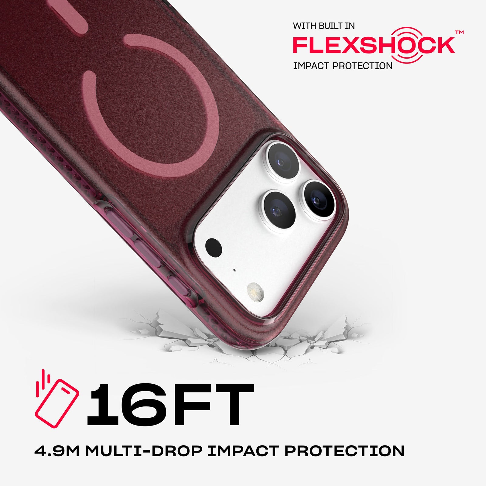 A corner of the case impacts the ground. Text reads 16-foot (4.9 meter) Multi-Drop Impact Protection with built in FlexShock impact protection#color_cherry-tint