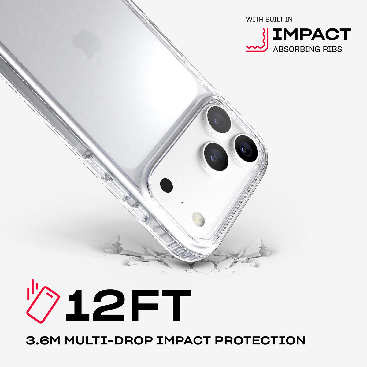 A corner of the case impacts the ground. Text reads 12-foot (3.6 meter) Multi-Drop Impact Protection with built in impact absorbing ribs#color_clear