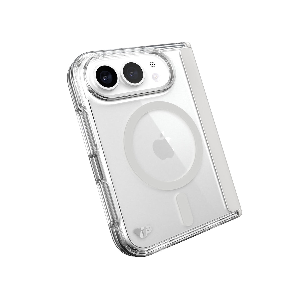 Tilted three-quarter angled view of back of fully closed fold phone in case#color_clear