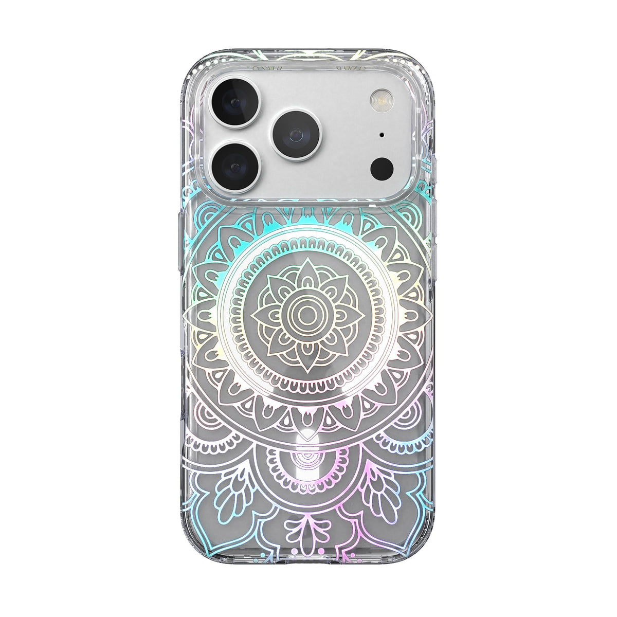 View of the back of the phone case from straight on with phone inside#color_mandala
