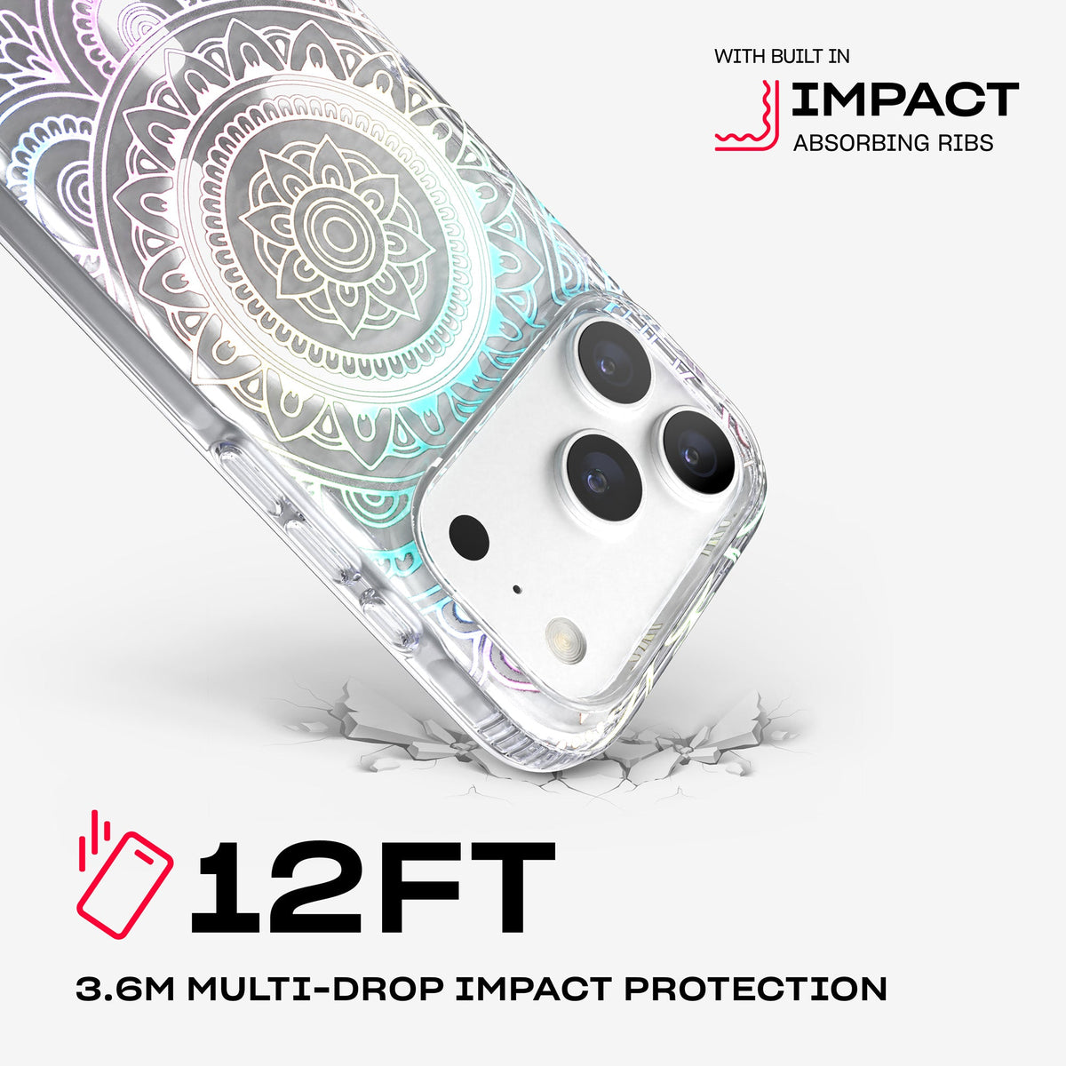 A corner of the case impacts the ground. Text reads 12-foot (3.6 meter) Multi-Drop Impact Protection with built in impact absorbing ribs#color_mandala