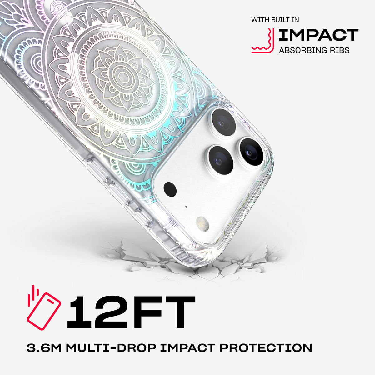 A corner of the case impacts the ground. Text reads 12-foot (3.6 meter) Multi-Drop Impact Protection with built in impact absorbing ribs#color_mandala