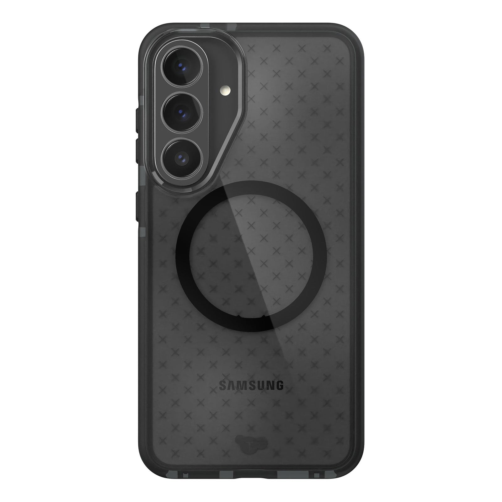 View of the back of the phone case from straight on with phone inside#color_smokey-black