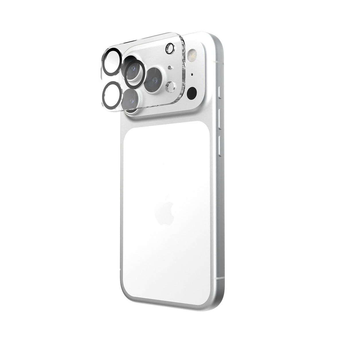 Three-quarter view of back of phone with camera protector hovering over camera area#color_clear