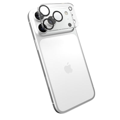 Tilted three-quarter tilted view of back of phone with camera protector hovering above camera area#color_clear