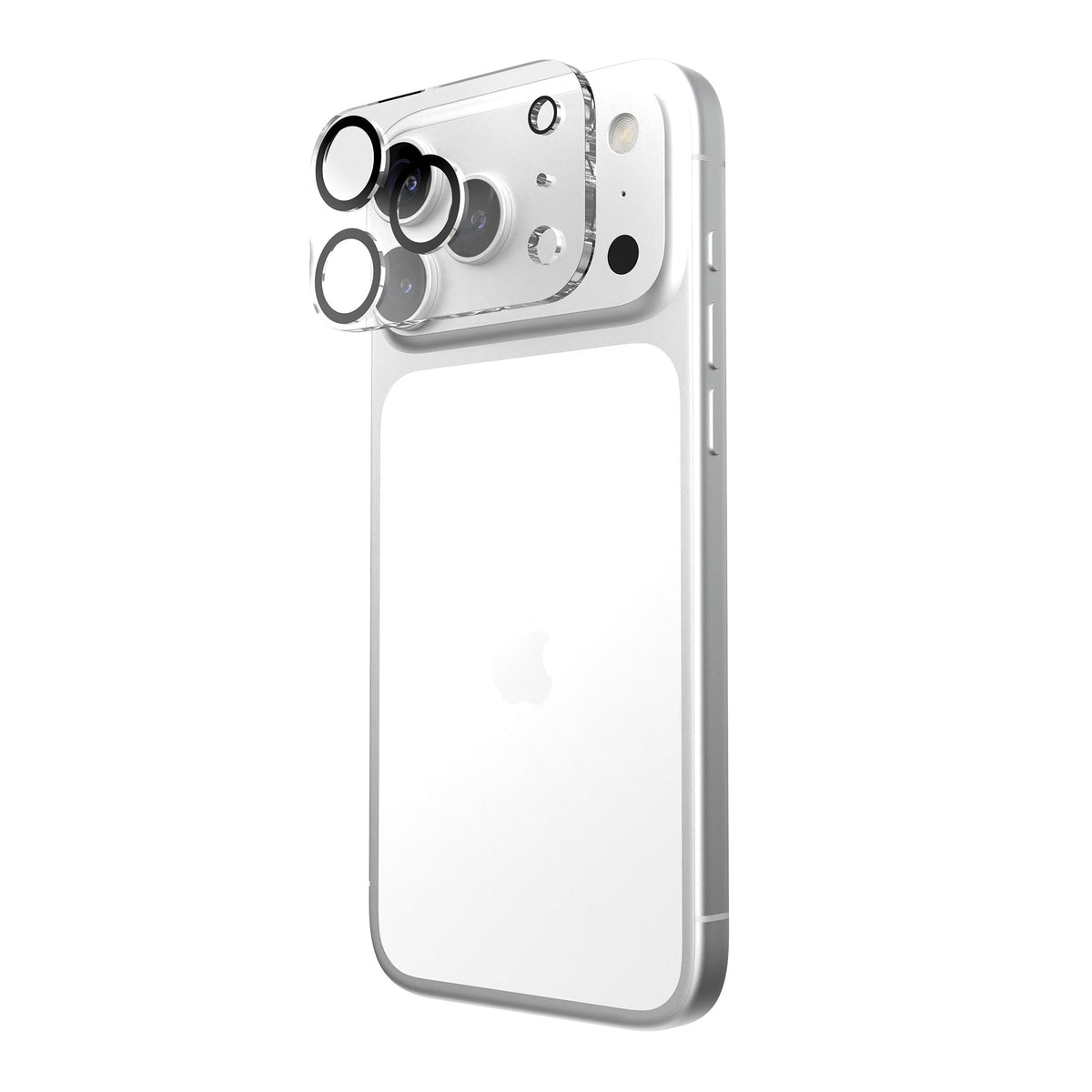 Three-quarter view of back of phone with camera protector hovering over camera area#color_clear