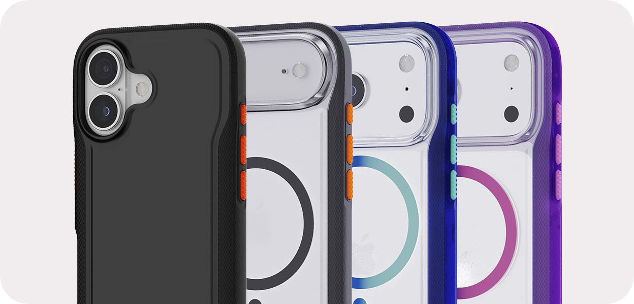 Three-quarter view of several different overlapping iPhone 17 devices in different Tech21 EvoPro MagSafe phone cases