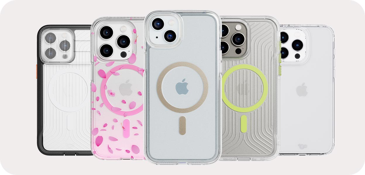 Straight back view of several different iPhone 15 devices in different Tech21 phone cases