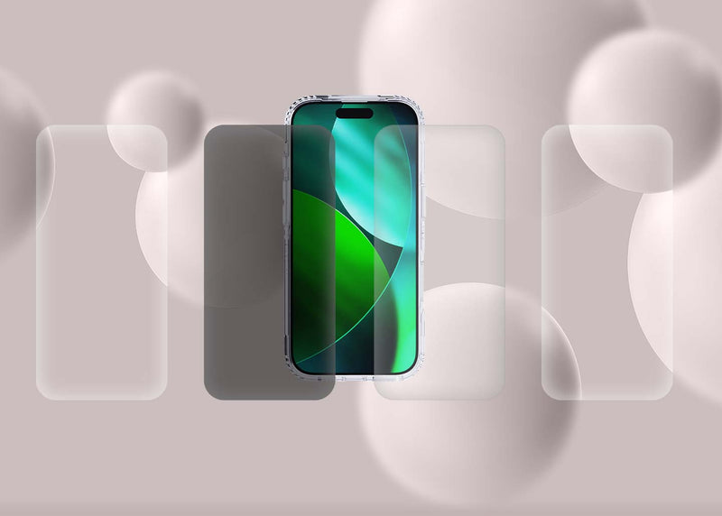 An iPhone in a clear case hovers in front of some white orbs with three clear screen protectors and one privacy glass version hovering in front of the phone